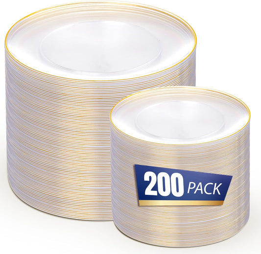bUCLA 200PCS Clear and Gold Plastic Plates - Clear Disposable Plates with Gold Rim, Includes 100 PCS 10 inch Dinner Plates and 100 PCS 7 inch Dessert Plates for Party&Wedding