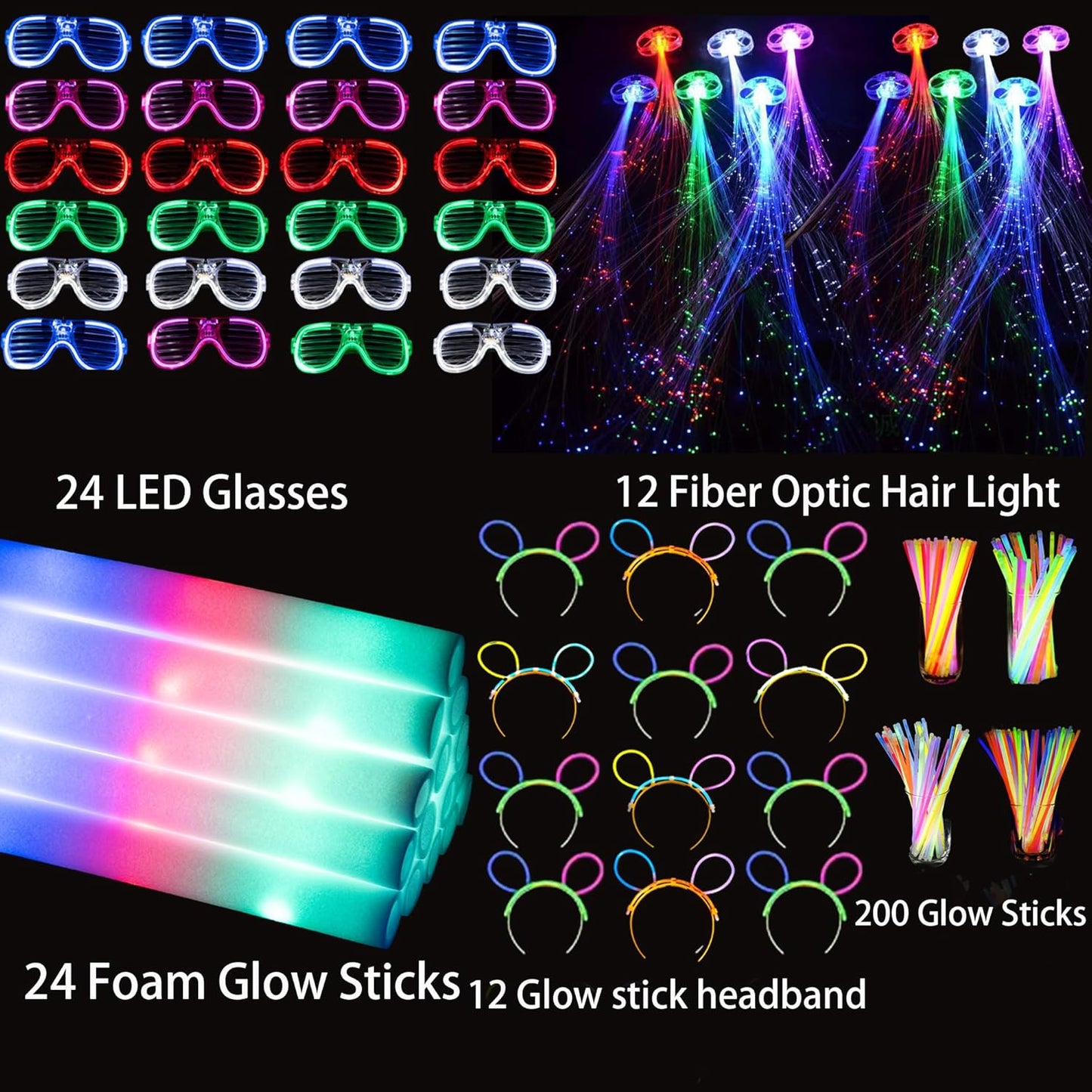 272 PCs Glow Party Supplies, 24 Foam Glow Sticks, 24 LED Glasses and 200 Glow Sticks ＆ Bracelets, 12 Glow sticks headband 12 Fiber Optic Hair Light，Glow Neon Party Favors for Wedding, Concert, Raves