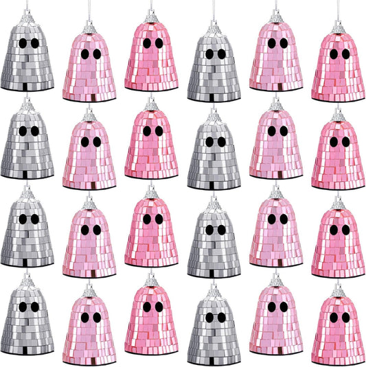24 Pcs Halloween Disco Ghosts Decor Halloween Ornament Silver Mirror Disco Skeleton Tabletop Centerpiece for Holiday Cosplay Home Props Gift Party Decorations (Pink)