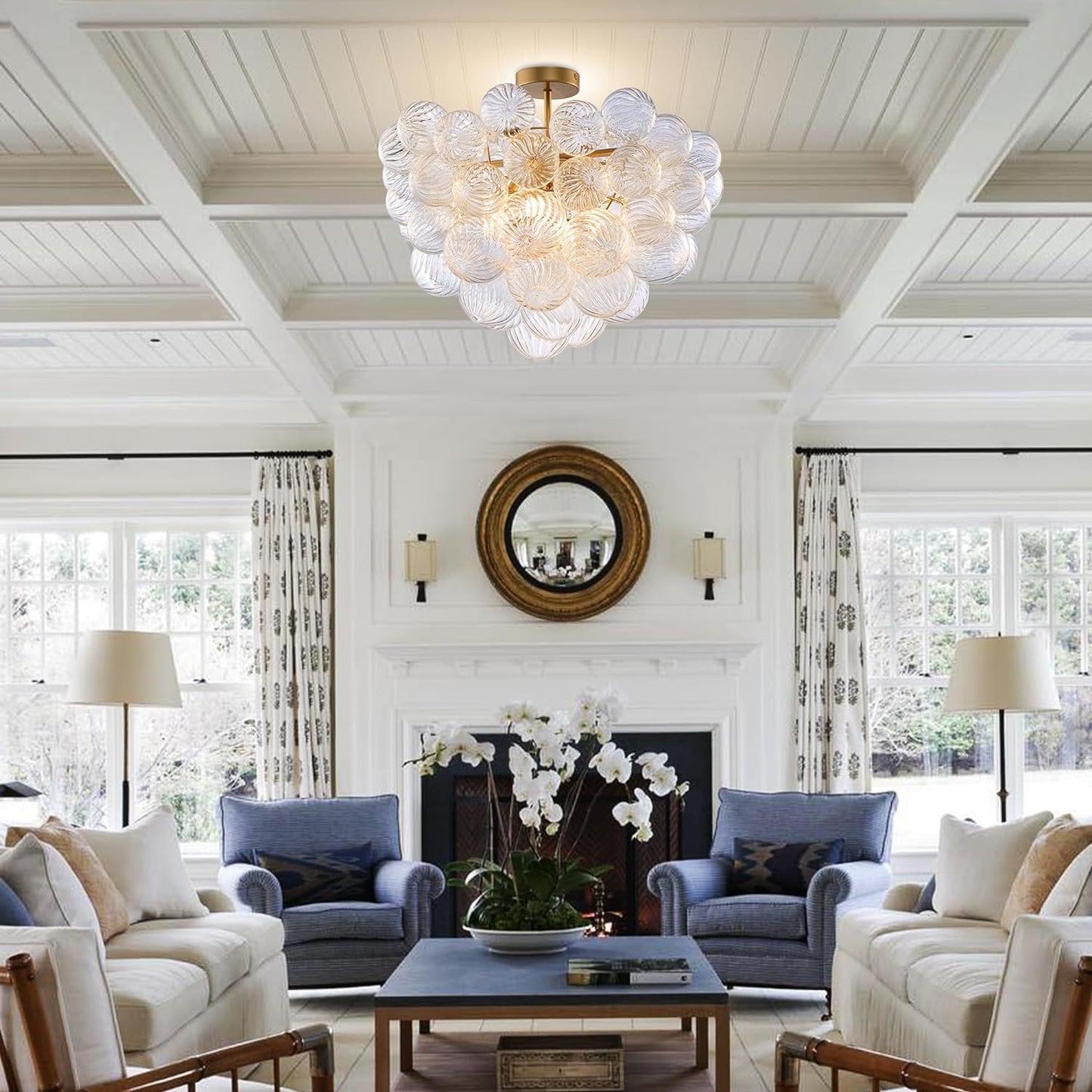 Nordic Bubble Ball Swirled Glass Ceiling Lights Fixture, Dia 24 inch Gild Brass and Clear Blown Glass Small Chandelier for Bedroom Study Bathroom