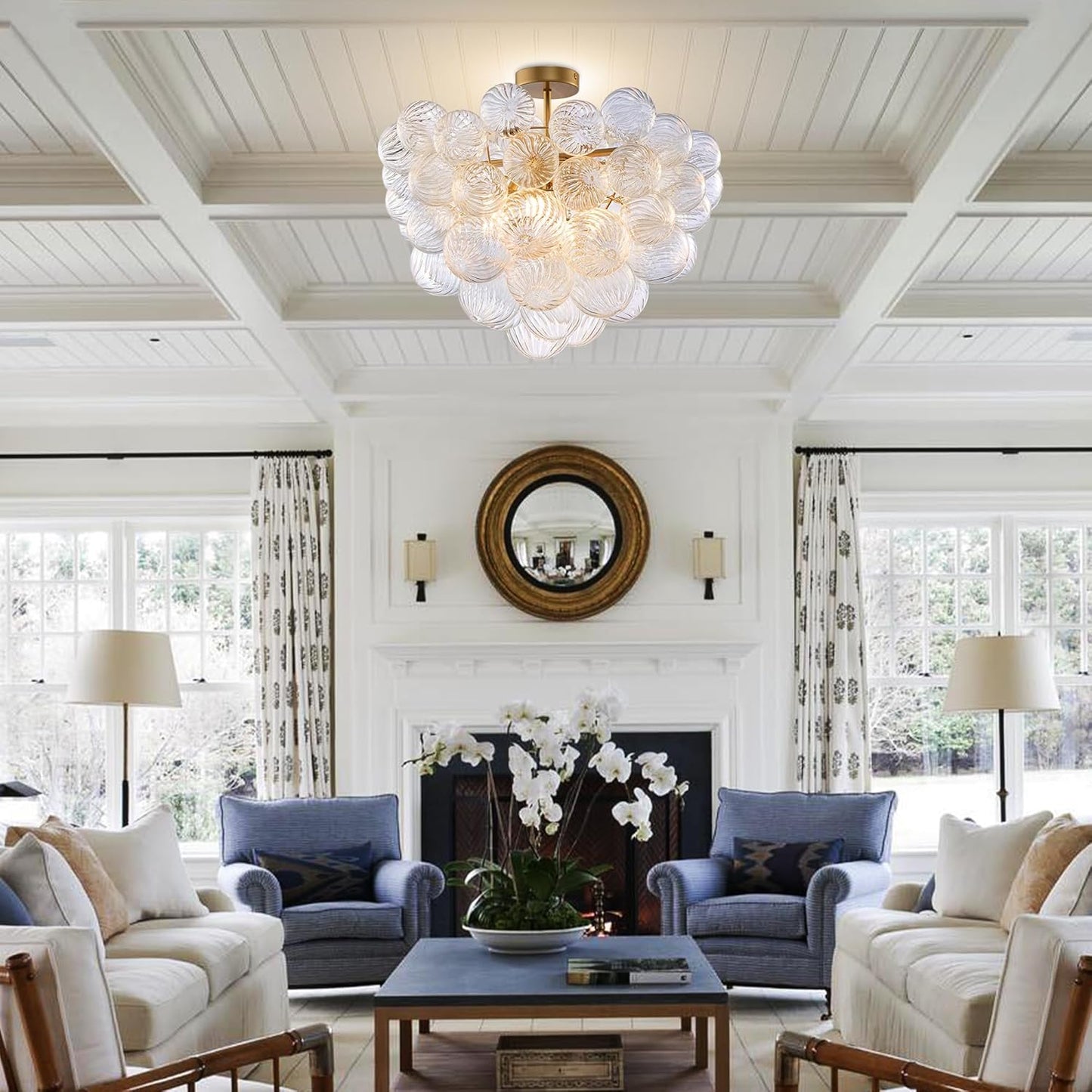 Bubble Ball Semi Flush Mounting Ceiling Light Fixtures, Dia 20 inch Gold and Clear Blown Glass Small Swirled Glass Chandelier for Bedroom Study Bathroom Dining Room