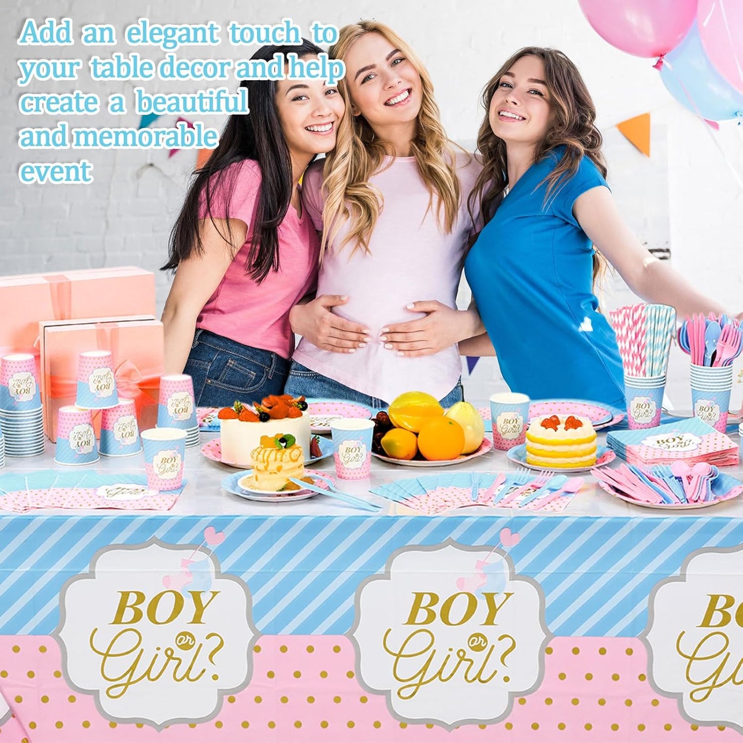 452 Pcs Gender Reveal Party Decorations Include Boy or Girl Paper Plates Napkins Cups Tablecloth Cutlery Straws Blue and Pink Gender Reveal Party Tableware for Baby Shower Decorations
