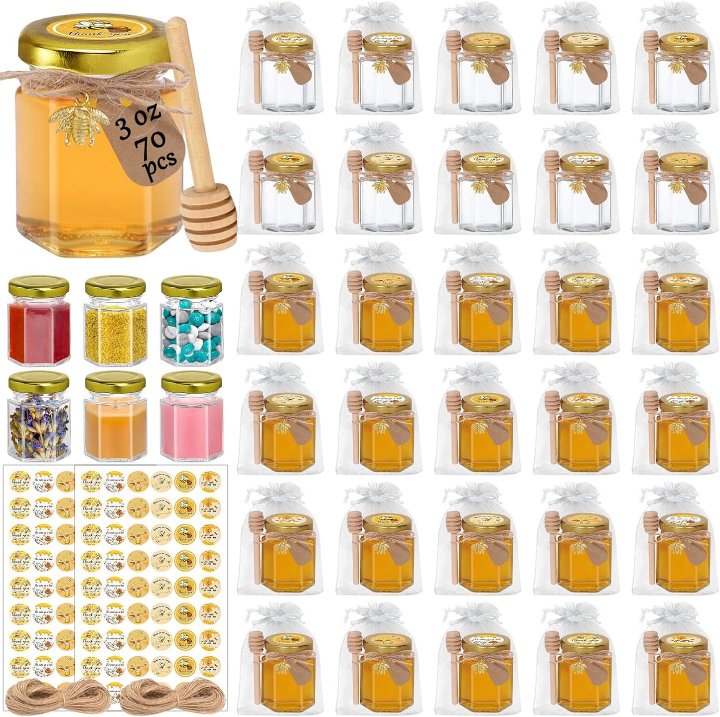 Aliggbent 70 Pack Small Honey Jars for Party Favors in Bulk, 3 oz Mini Hexagon Glass Honey Jars with Dippers, Lids, Cute Stickers, Bee Charms, Gift Bags and Jute for Baby Showers, Weddings, Birthdays