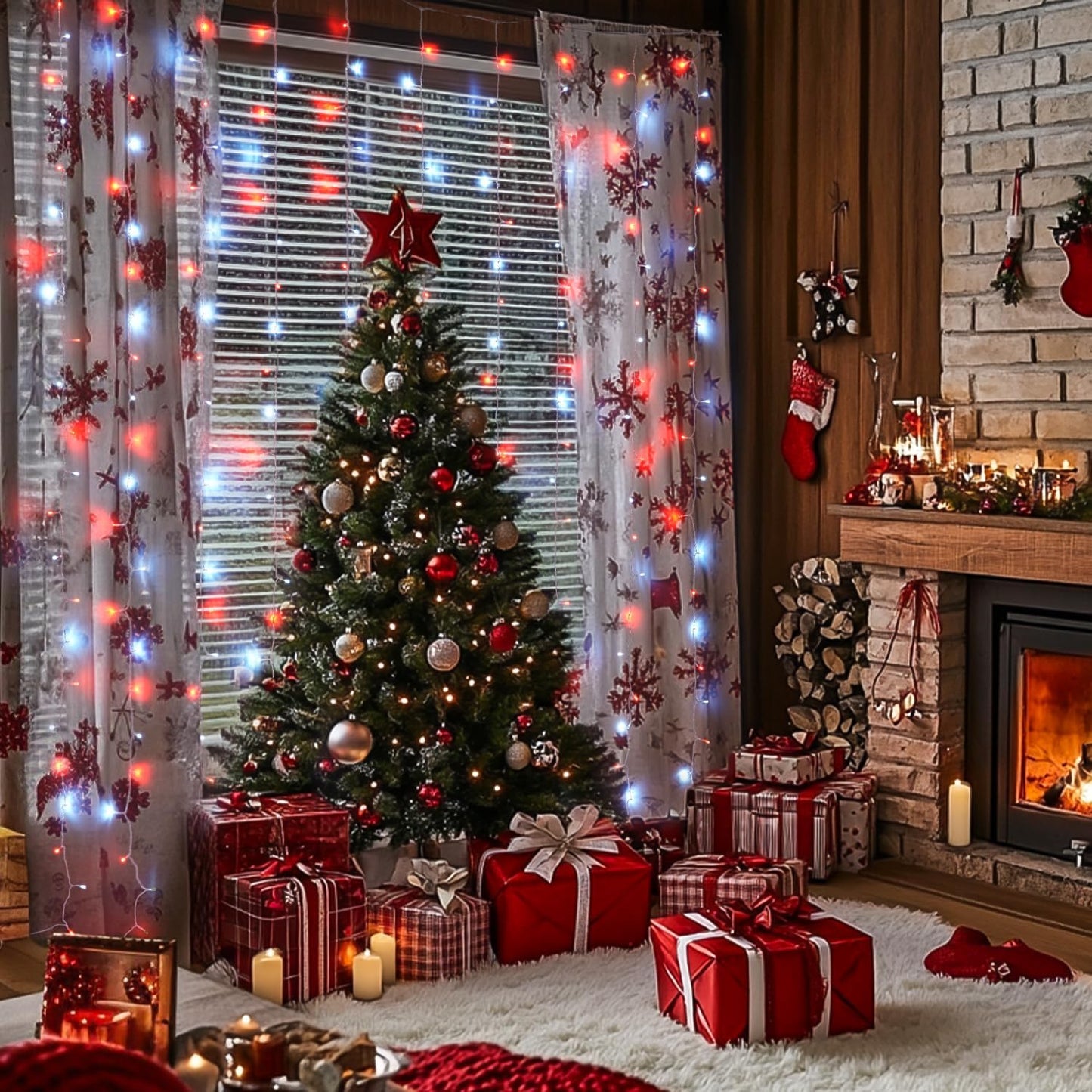 JMEXSUSS 300LED Red and White Christmas Curtain Lights with Remote, 9.8x9.8ft Christmas String Lights Plug in, 8 Modes Twinkle Hanging Fairy Lights for Bedroom Window Wall Porch Indoor Outdoor Decor