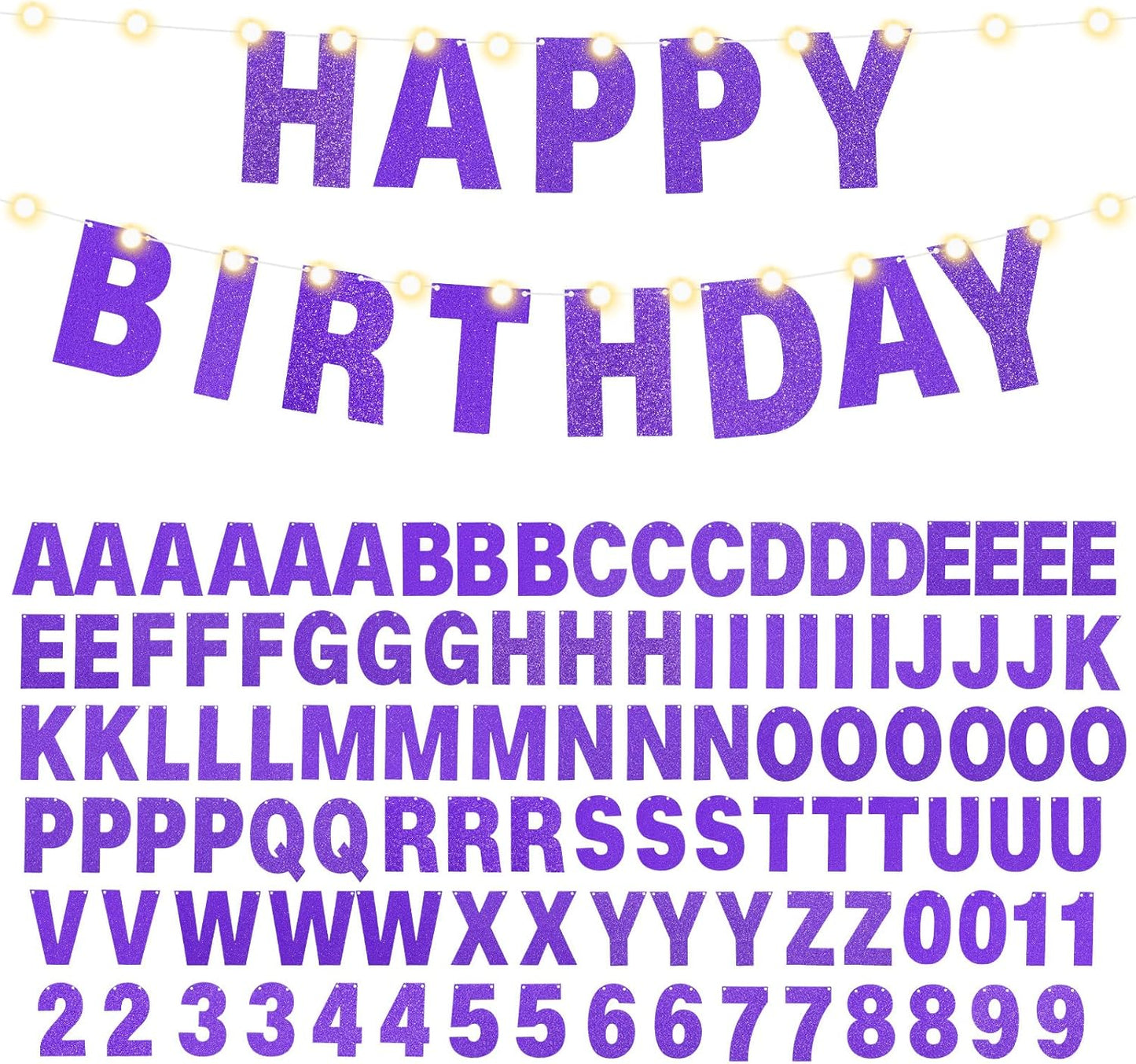 TaoBary 112 Pcs DIY Letter Kit Glitter Customizable Banner Letters Include 107 Letters and Numbers 3 Rope and 2 Needles for Birthday Halloween Christmas Wedding Valentine Party Decor(Purple)