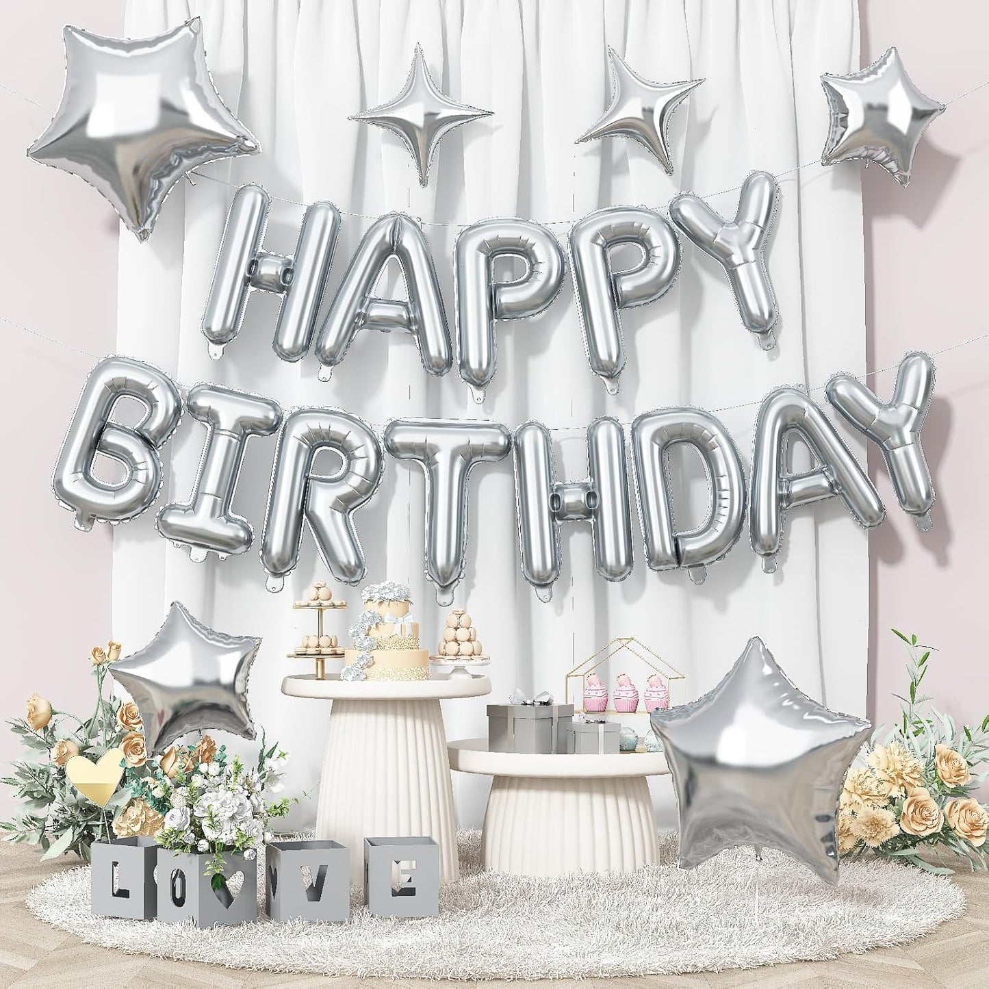 Silver Happy Birthday Balloon Banner, 16 Inch Mylar Foil Letter Balloons, Reusable Birthday Decorations with Silver Star Foil Balloons, Inflatable Party Supplies for Men Women Boys Girls Decoration