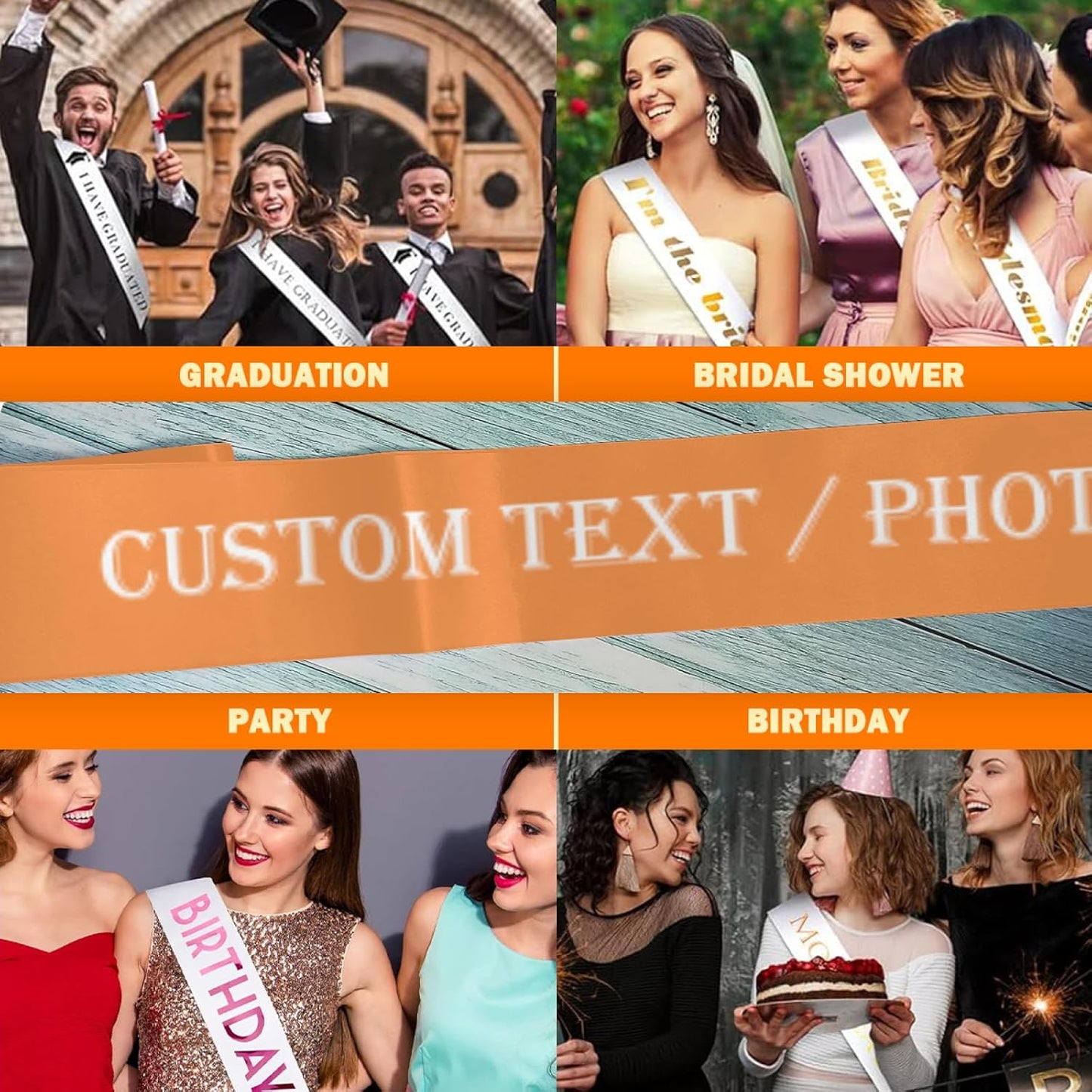 Custom Sash,Personalized Birthday Sash with Text Photo,Customized Bachelorette Sash Quote Sash Bride to Be Sash Color Optional (No decorative edge, Orange)