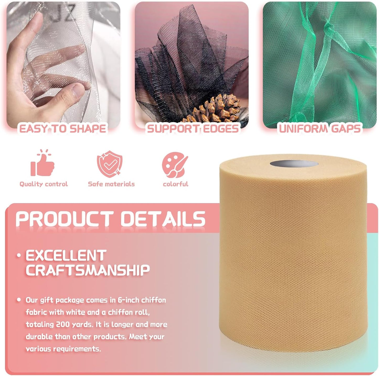 6" x 200 Yards Beige Tulle Fabric Rolls, Beige Spool Tulle Ribbon for DIY Tutu Skirt Wedding Decoration Baby Shower Birthday Party Backdrop Gift Wrapping Bow Craft Supplies