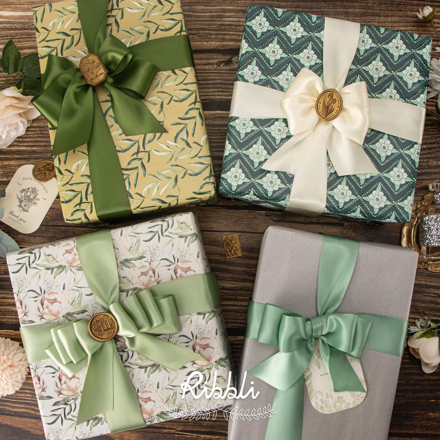 Ribbli Sage Green Satin Ribbon 1-1/2 Inch x 4 Rolls Total 40 Yards- Ivory/Sage/Dusty Sage/Moss Green Ribbon for Gift Wrapping Craft Wedding Decoration