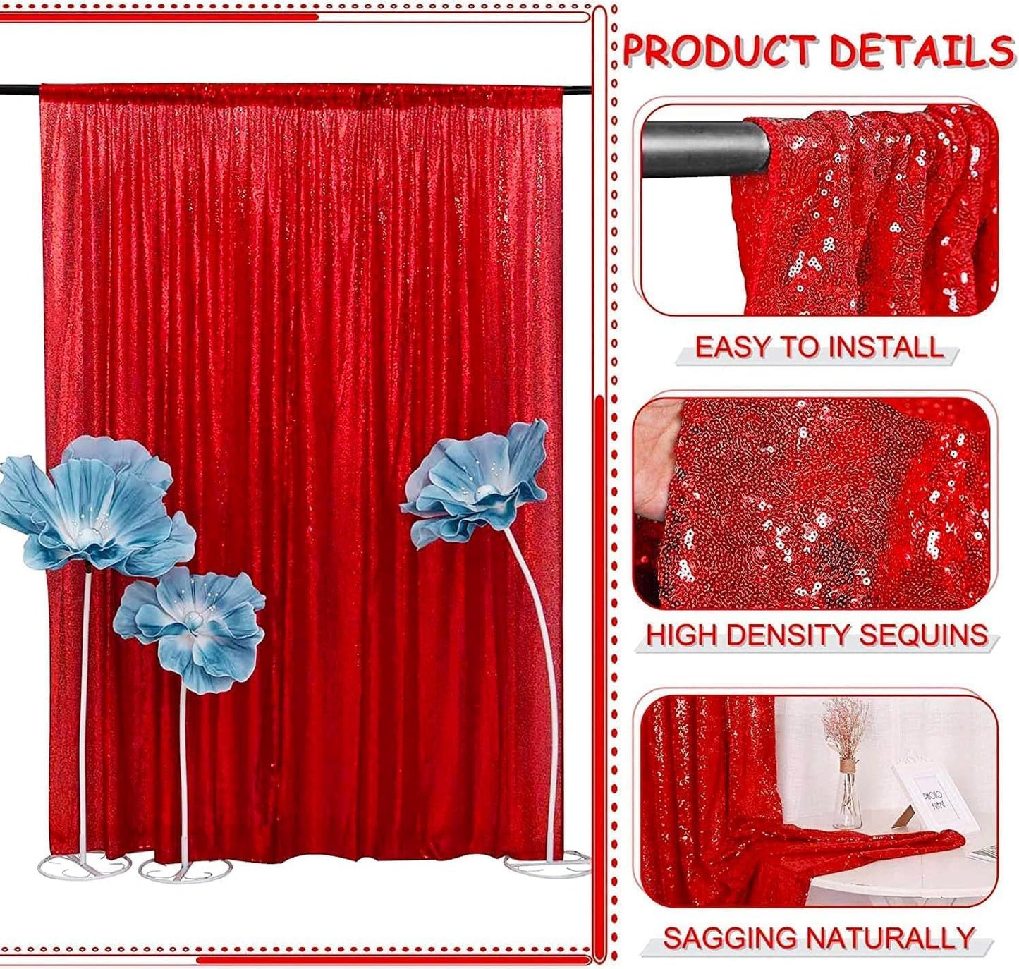 Red Sequin Backdrop Curtain 4FTX8FT 2 Panels Sparkly Backdrop Drapes Glitter Fabric Backdrop for Birthday Wall Decoration