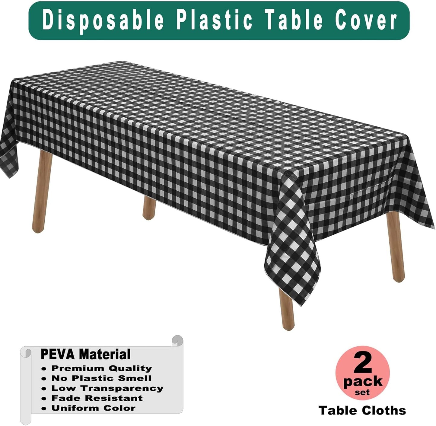 Black & White Gingham Checkered Plastic Tablecloths 2 Pack Disposable Table Covers 54 x 108 Inch Party Tablecovers Buffalo Plaid Table Cloth for BBQ, Picnic, Birthday