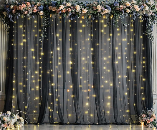 Black Tulle Backdrop Curtain with Lights String for Parites 20ft×8ft Black Sheer Backdrop Curtains for Baby Shower Wedding Bridal Shower Birthday Party Photo Shoot Decorations(4 Panels 5×8ft)