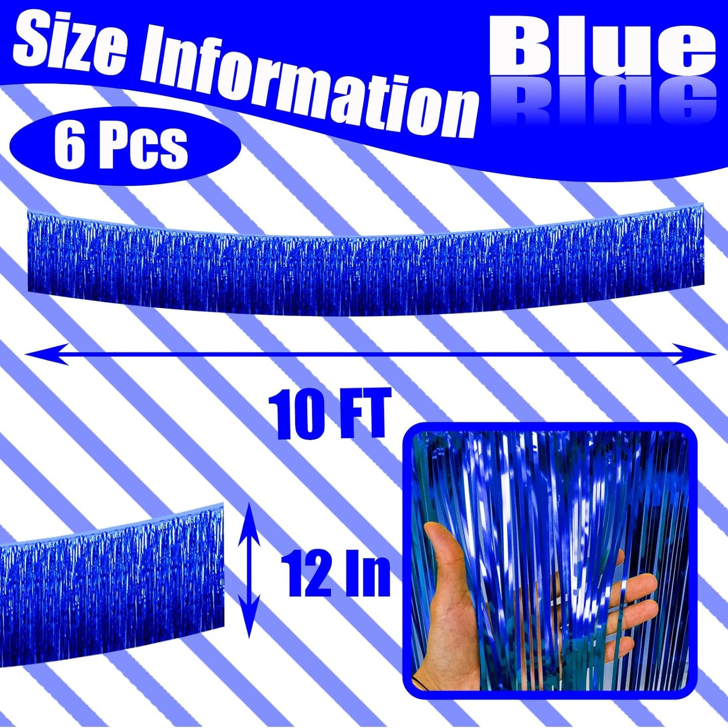 6 Pack 10 Feet Foil Fringe Garland Metallic Tinsel Streamers Banner Wall Hanging Curtain Backdrop Banner for Parade Floats, Thanksgiving, Christmas, Birthday, Halloween Party Decorations(Blue)