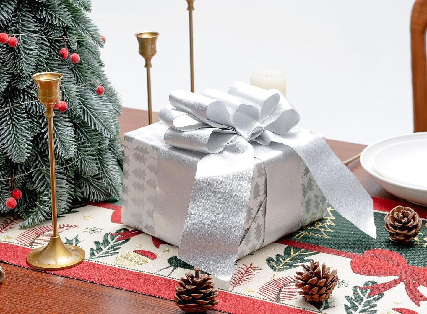 White Satin Wired Ribbon 2-1/2 Inch Double-Faced Sliver Glitter Christmas Ribbons for Wreath, Tree Decoration, Gift Wrapping, Home Decor 10 Yards