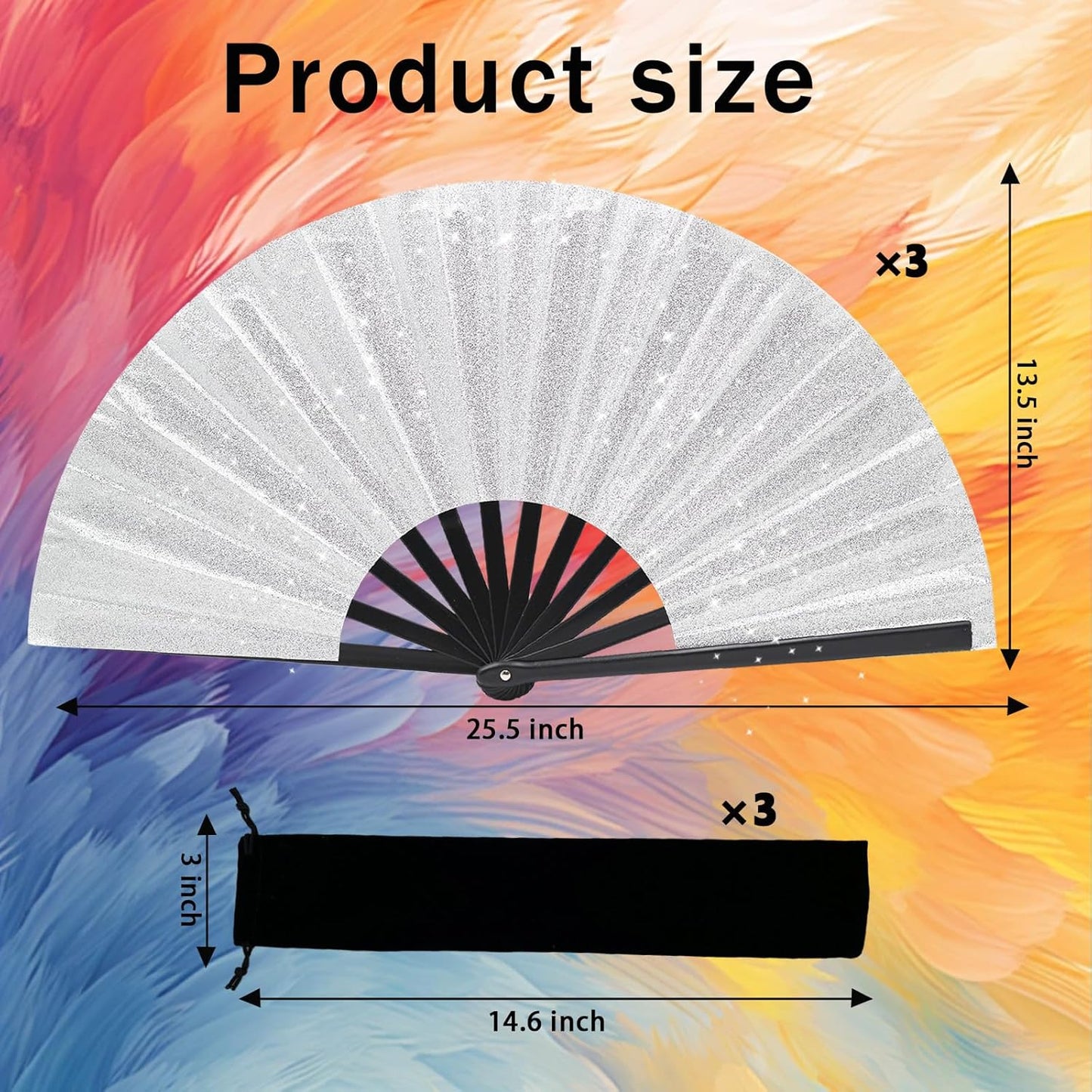 Glitter bling Large Folding Fan-Hand Fan Rave Clack Popping Fan for Line Dancing Clacking Fans for Boots On The Ground Dance, Party for EDM, Music Festival, Hot Flashes, Party, Decoration(3pcs silver)