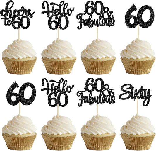 30Pcs Happy 60th Birthday Cupcake Toppers Black Glitter Sixty Cake Toppers Cheers to 60 Years Old Birthday Cupcake Picks for 60th Birthday Anniversary Party Cake Decorations Supplies