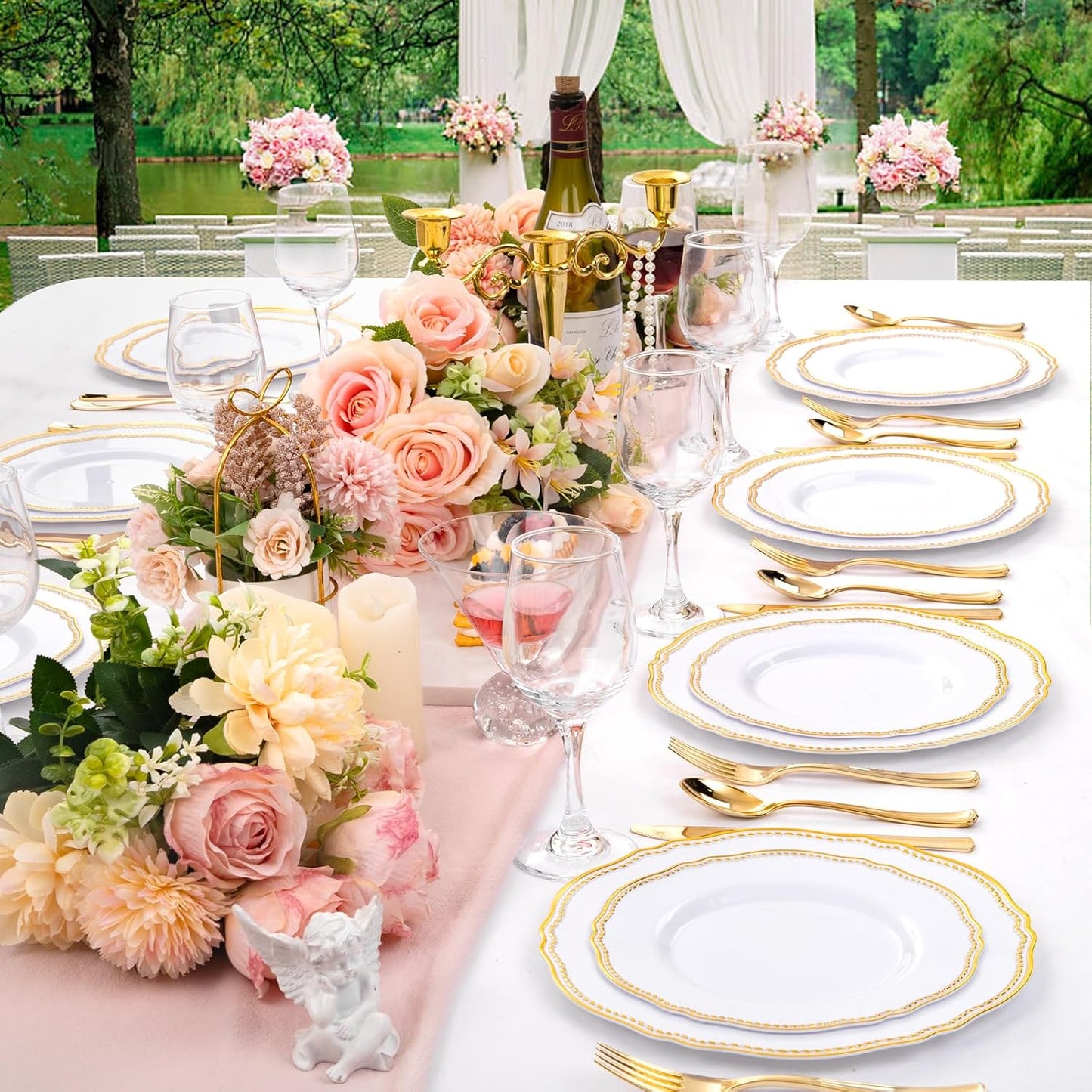 Hioasis 60pcs Gold Plastic Plates - White and Gold Disposable Dinnerware with Gold Rim, Heavy-duty, 7.5 inch, Dessert Plates for Party & Thanksgiving