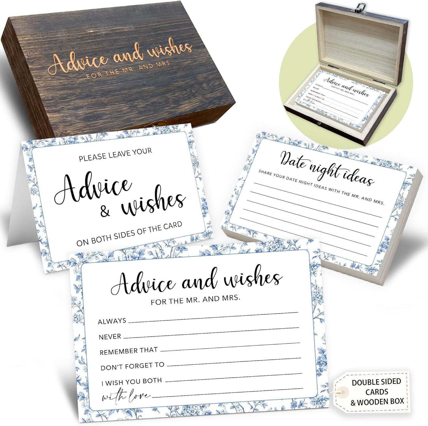 50 Pcs Advice and Wishes for the Mr and Mrs Cards in Box - Bridal Shower Guest Book - Perfect for Newlywed Games, Reception Decor, Engagement Parties & Anniversary Wishes(Vintage Floral) - B08