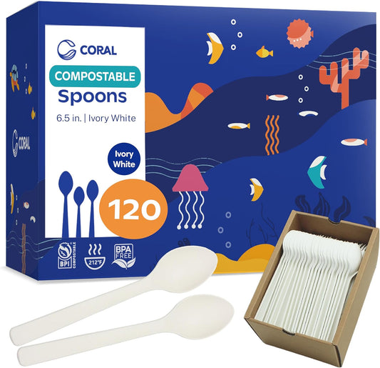 CORAL Ivory White 100% Compostable Spoons - 120 Heavy Duty No Plastic Spoons (6.5 inch) - Break Resistant with Smooth Edges, Ocean Friendly Alternative to Plastic Utensils - Biodegradable & Disposable