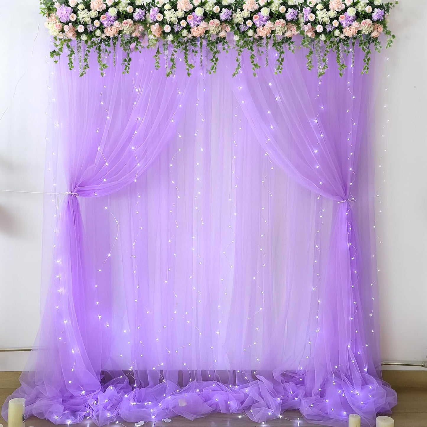 10ft x 10ft Lavender Tulle Photo Backdrop Curtain with Lights String for Parties Wedding Bridal Shower Sheer Lavender Curtain Backdrop for Birthday Baby Shower Photo Booth Photography