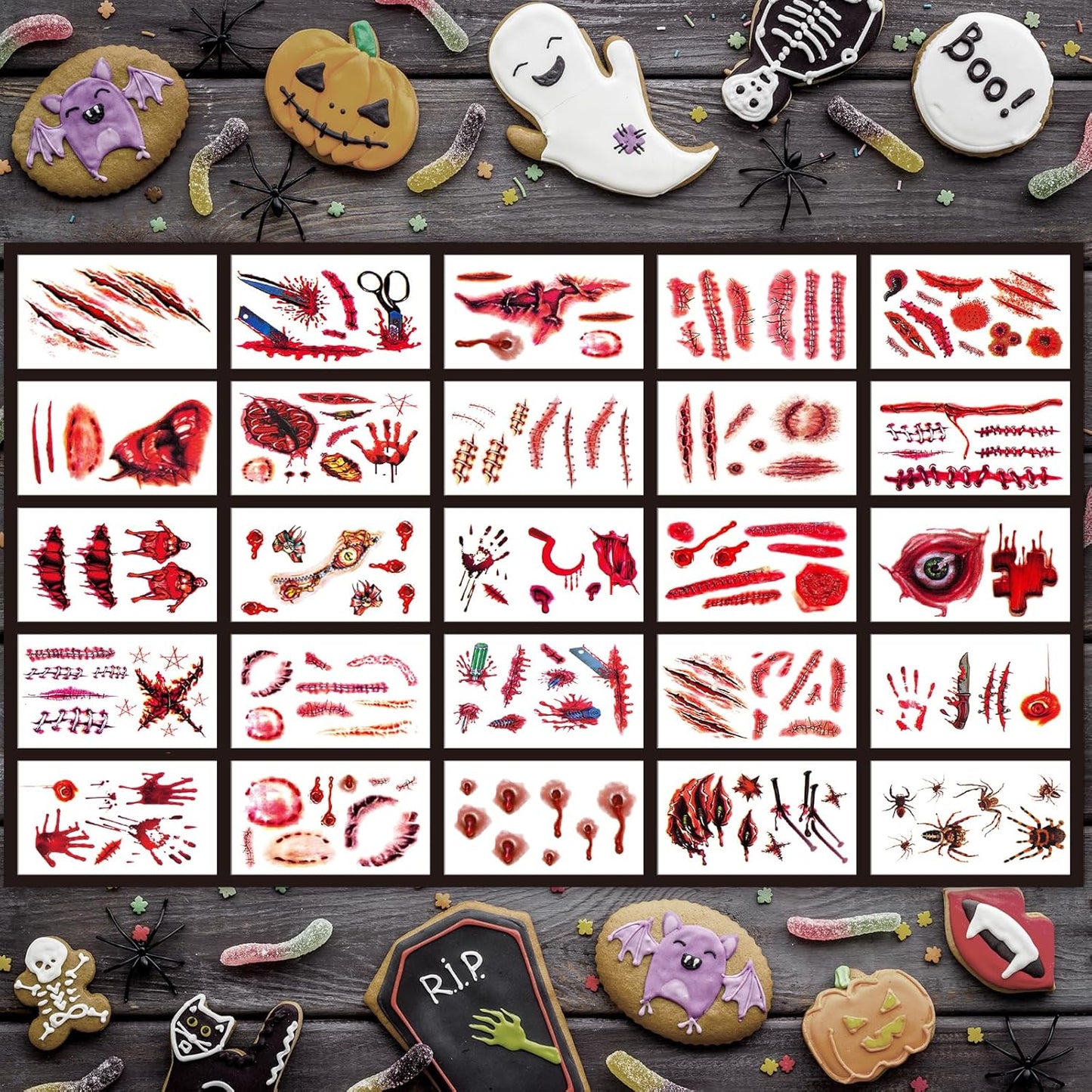 30 Sheets 220+ PCS Halloween Fake Scars Tattoos Temporary, Chucky Zombie Makeup Kit, Realistic Halloween Face Stitch Scar Makeup Tattoos Stickers Masquerade Prank Makeup Props