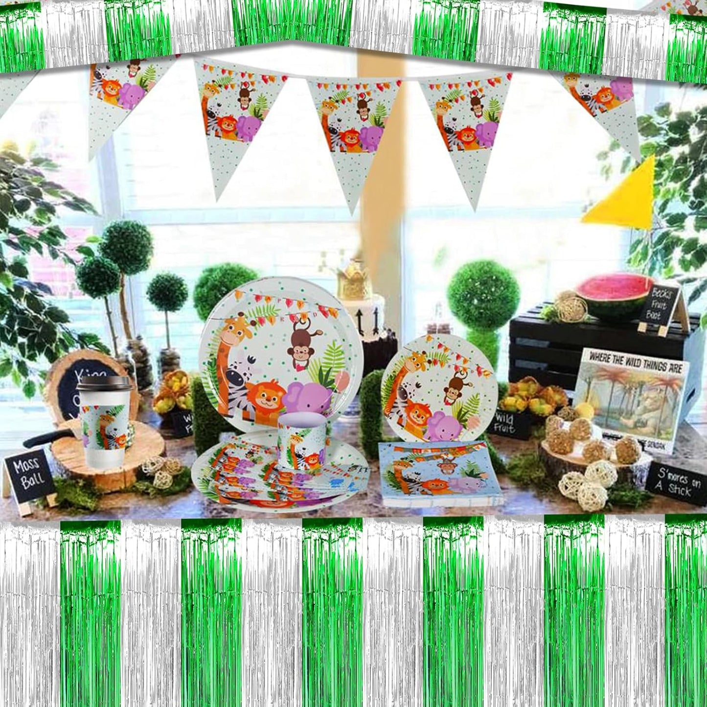 6 Pack 10 Feet Silver Green Foil Fringe Garland Metallic Tinsel Streamers Banner Wall Hanging Backdrop Banner for Parade Floats, Thanksgiving, Christmas, Birthday, Halloween Party Decorations