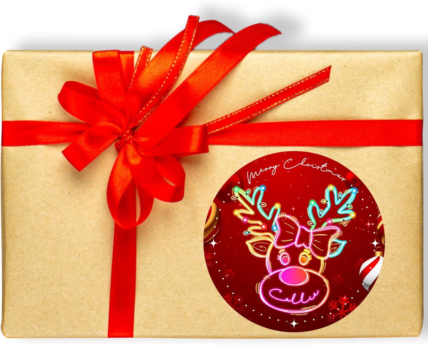 CALLIE Personalized Christmas Stickers with Custom Name, Waterproof Custom Christmas Name Tags Stickers, Peel and Stick Christmas Gift Tags (Cute Christmas Neon Reindeer)