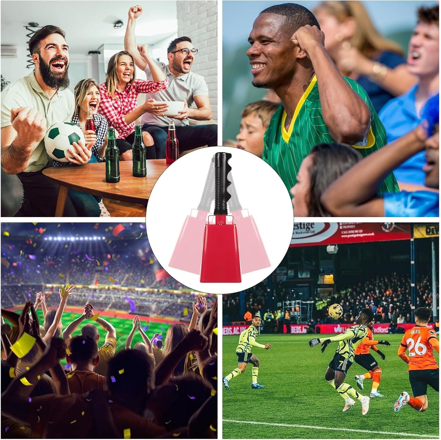 Cow Bells Noise Makers with Handle: Cowbells Hand Percussion for Sporting Events with Wrist Strap - 2pcs 8 Inch Large Loud Cheering Bell for Football Games Graduation (Red)