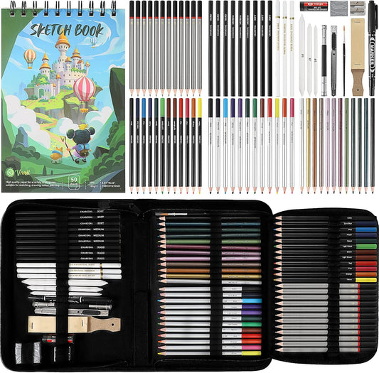 Vnzil 72 Pack Drawing Set Sketching Kit, Art Supplies for Artists, Beginners, Adults, Teens, Premium Art Kit with 50 Sheets Sketch Book, Colored, Watercolor, Metallic, Graphite, Charcoal Pencils