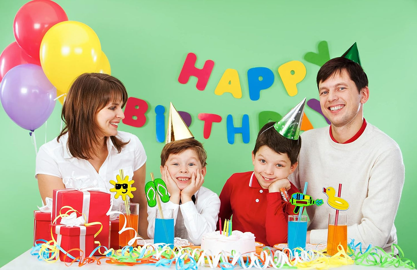 24 Pieces Beach Theme Reusable Plastic Drink Cocktail Straws Beach Ball Pool Summer Birthday Party Favor Decorations With 2 Cleaning Brushes 6 Colors Straws