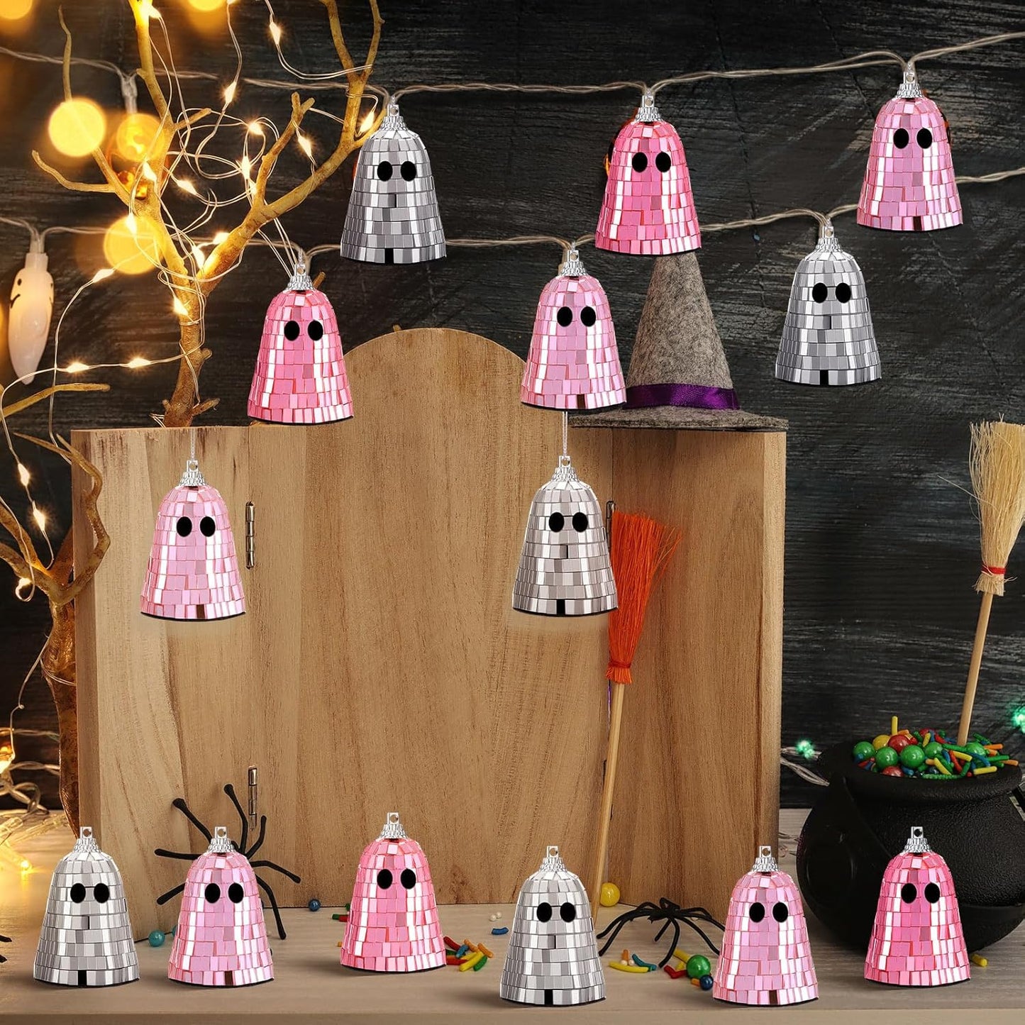 24 Pcs Halloween Disco Ghosts Decor Halloween Ornament Silver Mirror Disco Skeleton Tabletop Centerpiece for Holiday Cosplay Home Props Gift Party Decorations (Pink)
