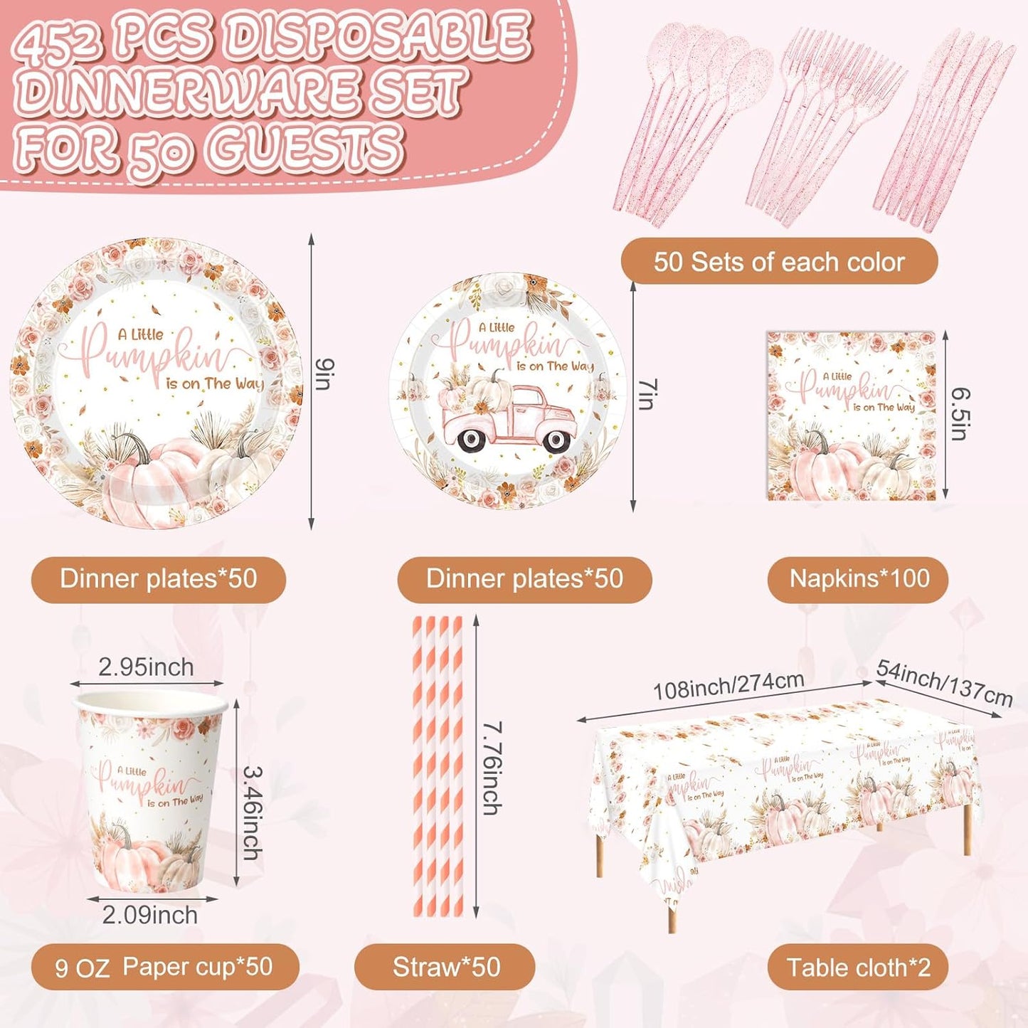 452 Pcs Little Pumpkin Baby Shower Decorations for 50, Pink A Little Pumpkin Is on the Way Paper Plates Napkins Cups Tablecloth Cutlery Straws for Autumn Fall Thanksgiving Party Supplies
