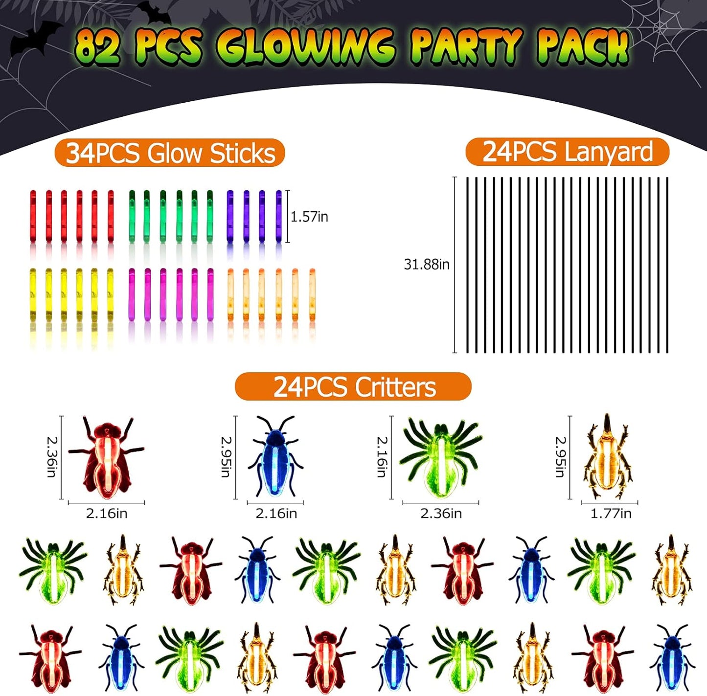 82 Pcs Glow Critters For Halloween Party Favor, Include Glow Bugs and Mini Glow Sticks, Glow in the Dark Party Toys Set for Kids, Trick or Treating Goodie Supplies, School Classroom Game Prizes