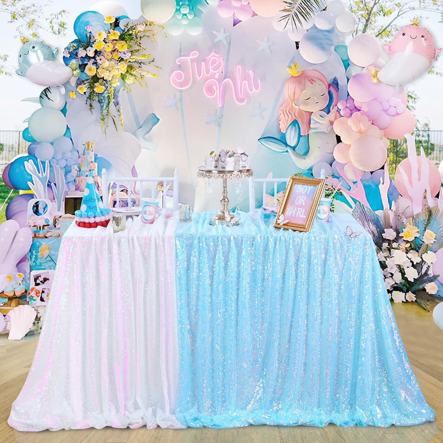 QueenDream Mermaid Blue Tablecloth 90x156 Inches Rectangle Tablecloths Sequin Iridescent Disco Party Decorations