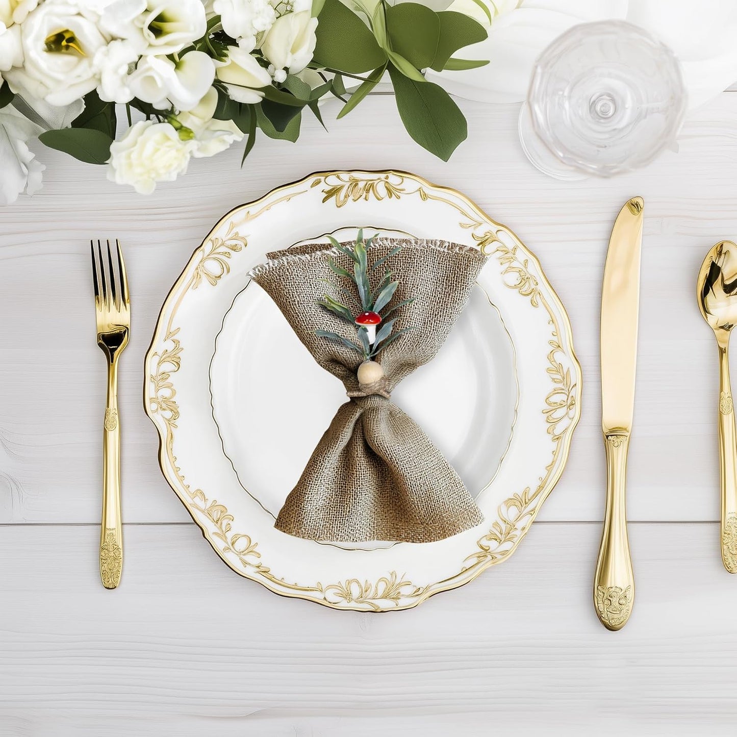 MAOANME Napkin Rings Set of 12, Rustic Eucalyptus Napkin Holder Rings with Wood Bead, Farmhouse Green Leaf Napkin Ring Bulk, Boho Napkin Ring for Wedding, Table Decor