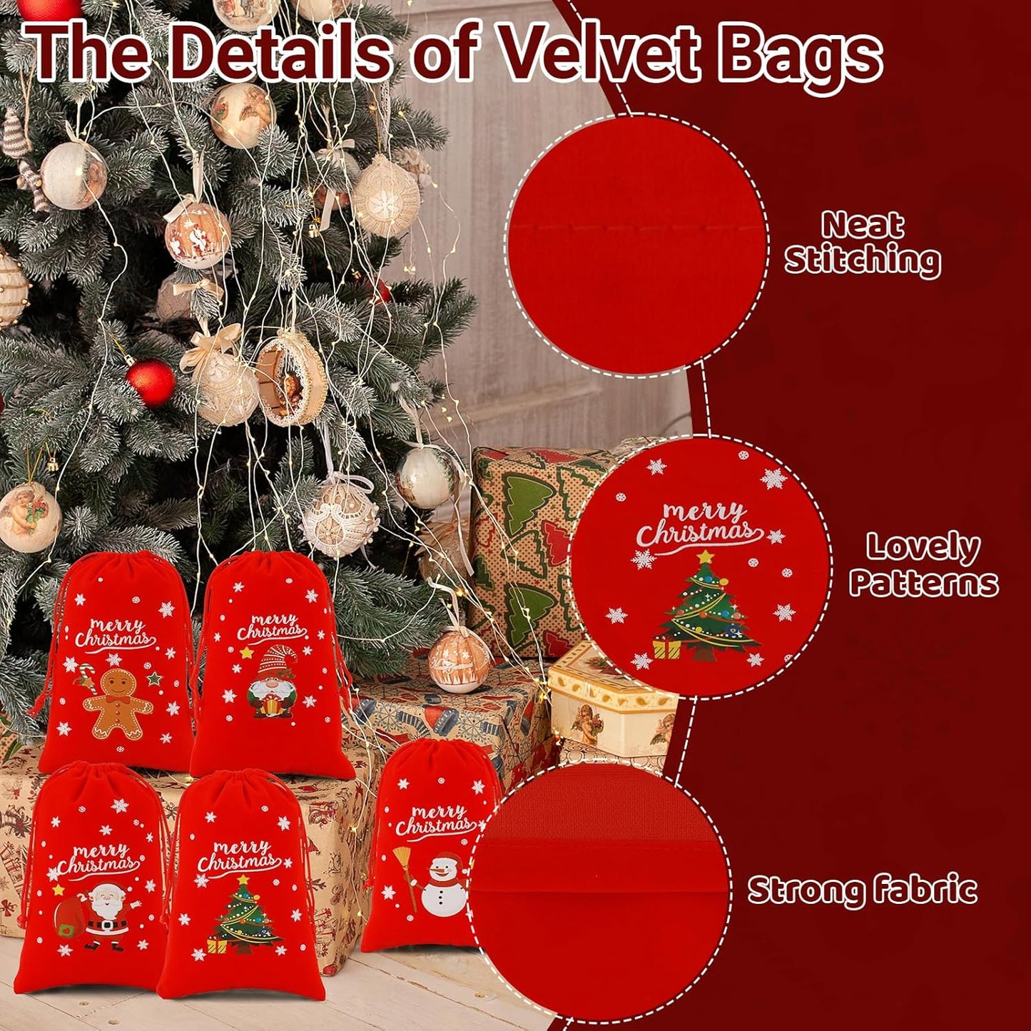 Tapleap Velvet Coth Christmas Bags with Drawstring, 50Pcs 4x6 for Wrapping Christmas Party Favors or Gifts for Friends, Small Bussiness, Palm Crosses, Customers