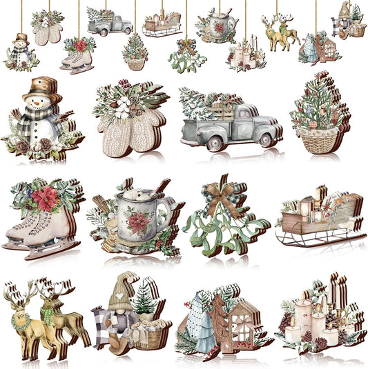 Suzile 36 Pcs Christmas Wooden Ornaments Vintage Christmas Tree Ornaments Xmas Decorations for Tree Wreaths Xmas Hanging Wood Cutouts Decor for Home Winter Party