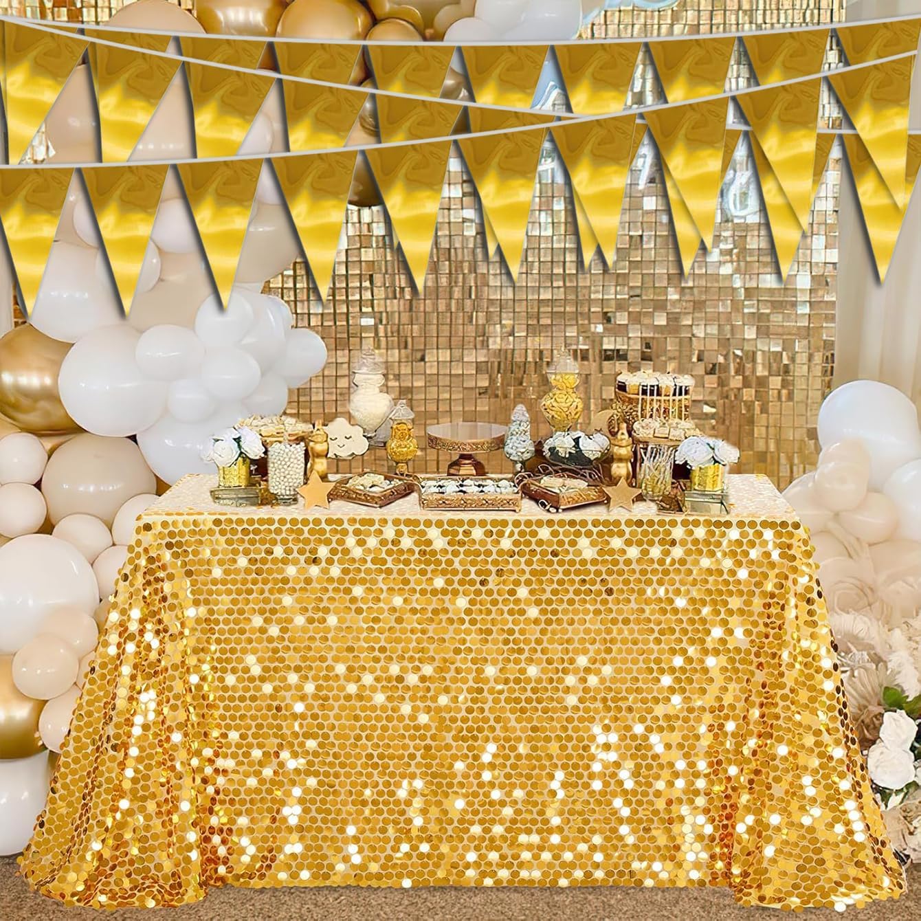 40M/130FT Gold Triangle Pennant Banner Flag Metallic Fabric Bunting Garland for Christmas Graduation Wedding Engagement Anniversary Bachelorette Birthday Bridal Shower Valentines Hen Party Supplies