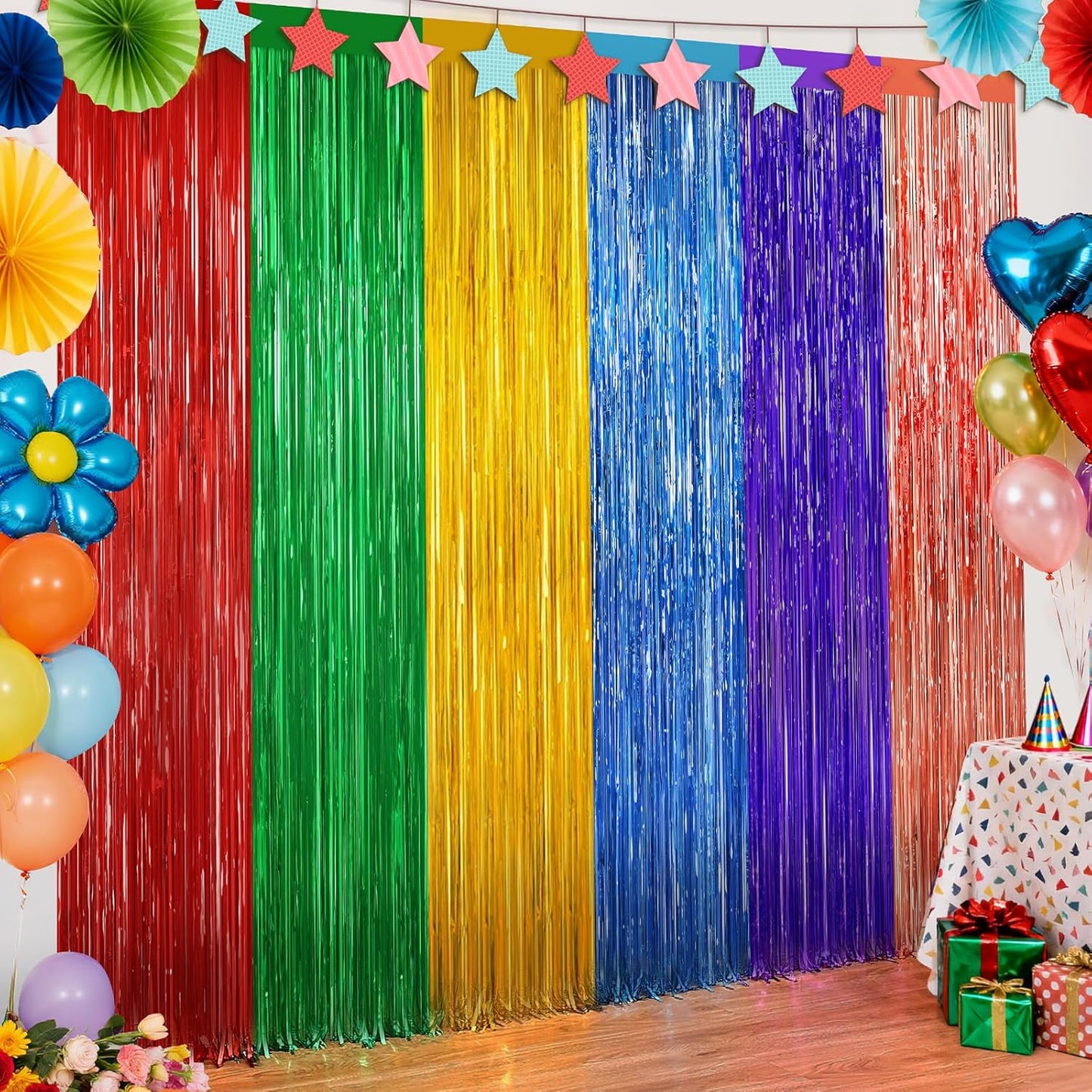 Rainbow Metallic Tinsel Foil Fringe Curtains Backdrop, 2Pack Party Streamers for Birthday Party Decorations Halloween Christmas Decors Foil Curtain Backdrop for Bachelorette Bridal Anniversary Party
