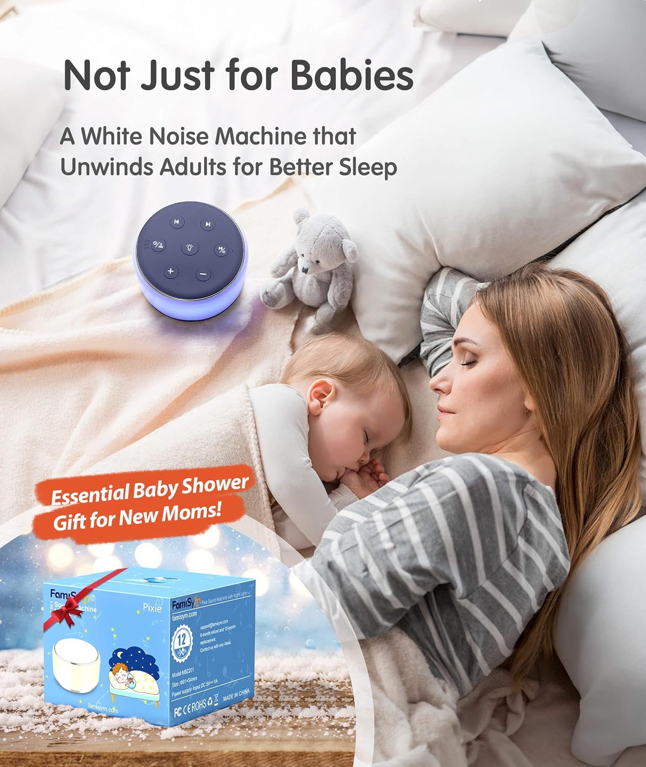 FamiSym Sleep Sound Machine for Babies Kids Adults - Rechargeable White Noise Machine for Sleeping with Night Light, 34 Soothing Sounds, Nursery Decor Baby Lullaby Machine, Registry Gift