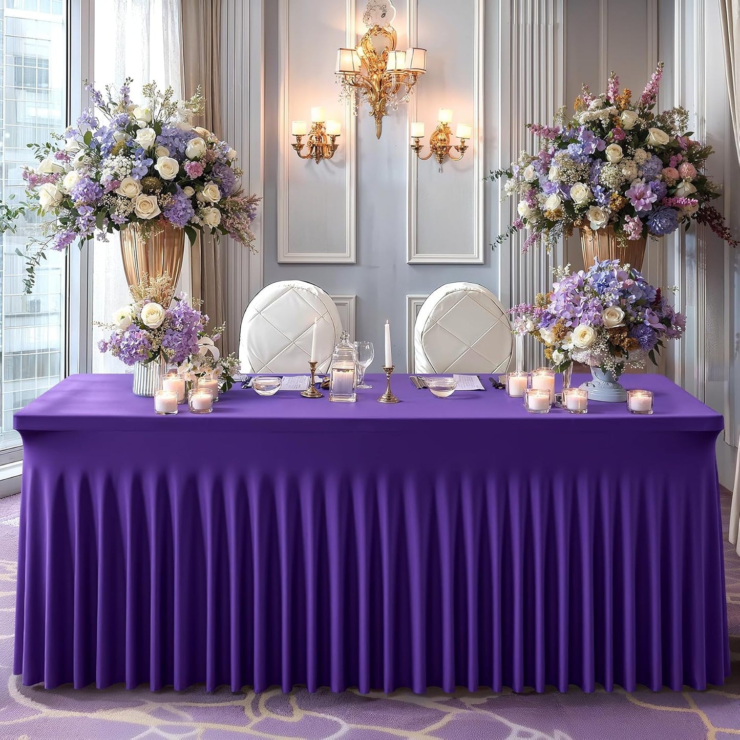 6 Pack Dark Purple Spandex Table Clothes for 8 Foot Rectangle Tables, 8FT Wrinkle Free Fitted Tablecloths Ruffles Design Table Cover for Party, Banquet, Wedding and Events