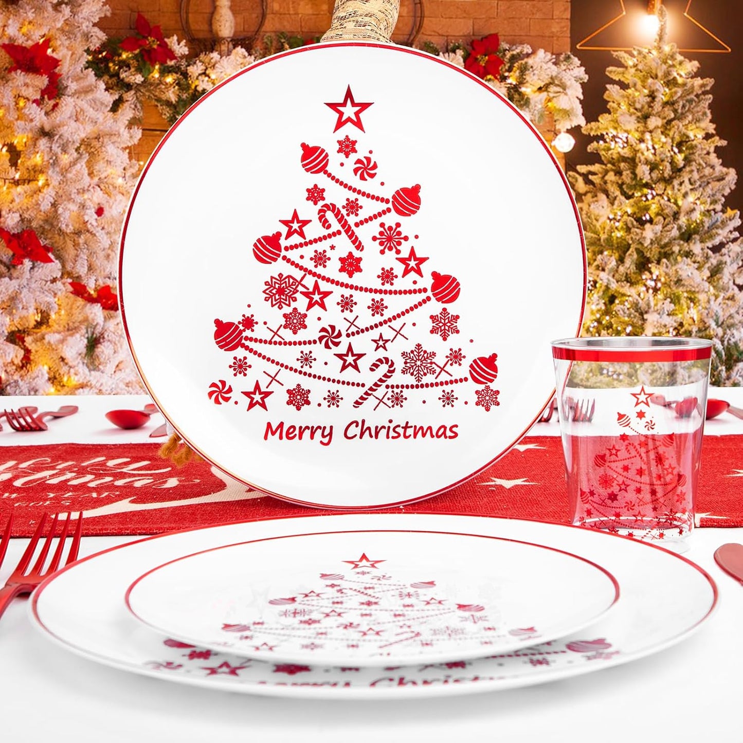 Supernal 150pcs Christmas Dinnerware - Plastic Plates, Cups, Silverware with Red Christmas Tree Pattern for Party and New Year