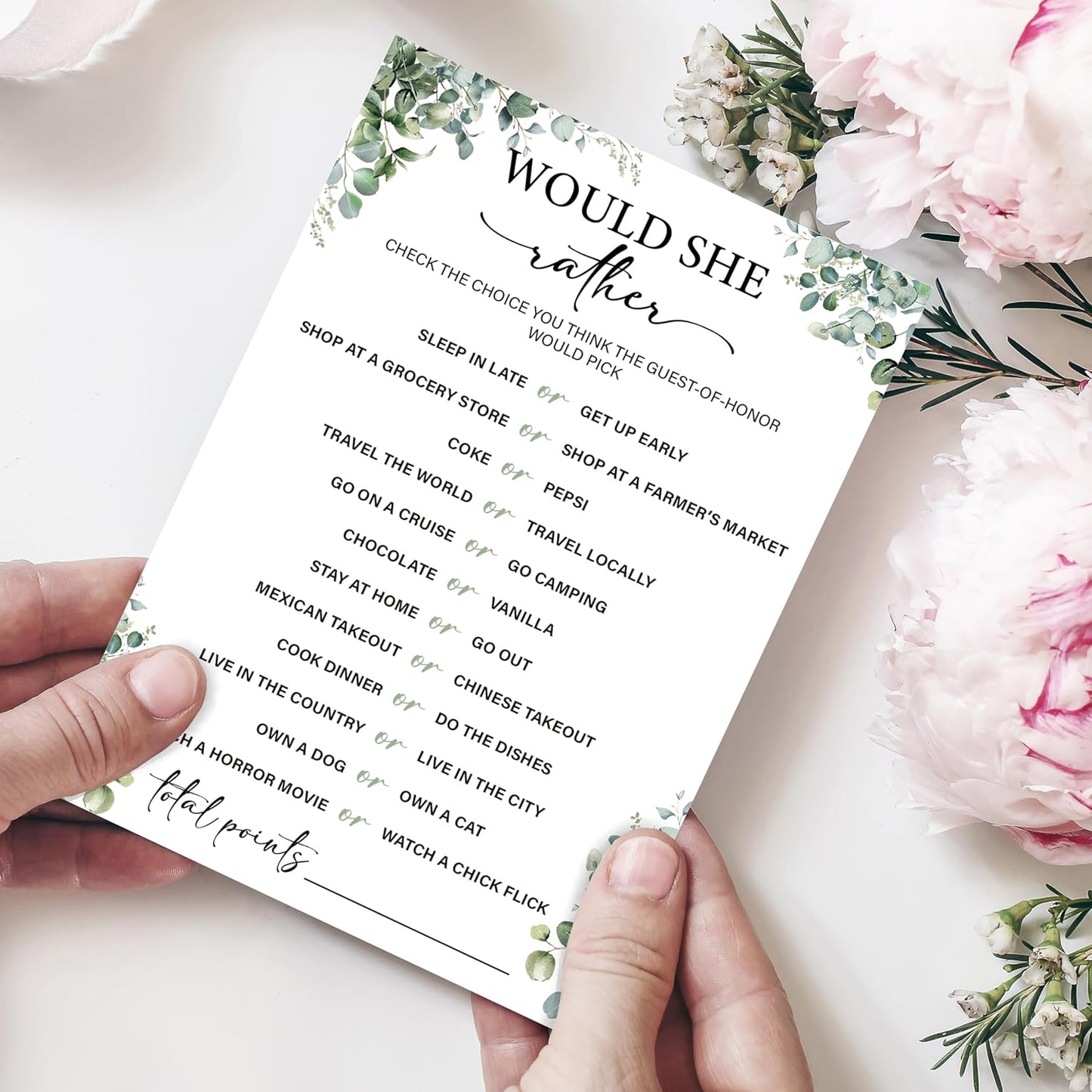 Eucalyptus Bridal Shower Game Cards - Would She Rather, Wedding Engagement Bachelorette Party Bridal Shower Games for 30 Guests, Double Sided Cards Set of 30, Activity Supplies & Favor/A07