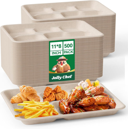 JOLLY CHEF Compostable 𝟱 Compartment Paper Plates 𝟭𝟭 * 𝟴 𝗶𝗻𝗰𝗵 [𝟱𝟬𝟬 𝗣𝗮𝗰𝗸] Heavy Duty Natural Divided Disposable Eco-Friendly Biodegradable Containers Food Trays for Dinner Lunch Buffet