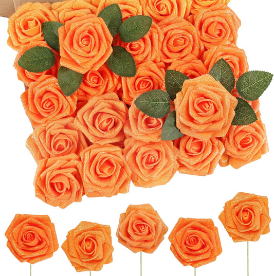 N&T NIETING Artificial Roses Flowers, Fake Glitter Flowers Burnt Orange Roses Perfect for DIY Wedding Bridal Bouquets Centerpieces Bridal Shower Party Home Flower Arrangement Decorations, 25Pcs