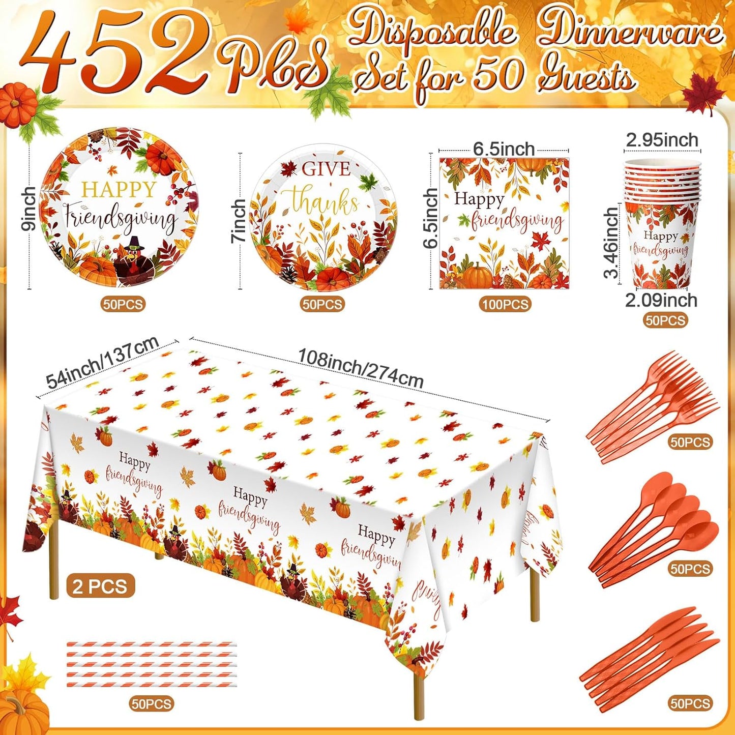 452 Pcs Happy Friendsgiving Party Decorations for 50, Fall Friendsgiving Paper Plates Napkins Cups Tablecloth Cutlery Straws for Autumn Harvest, Give Thanks Friends Giving Party Supplies