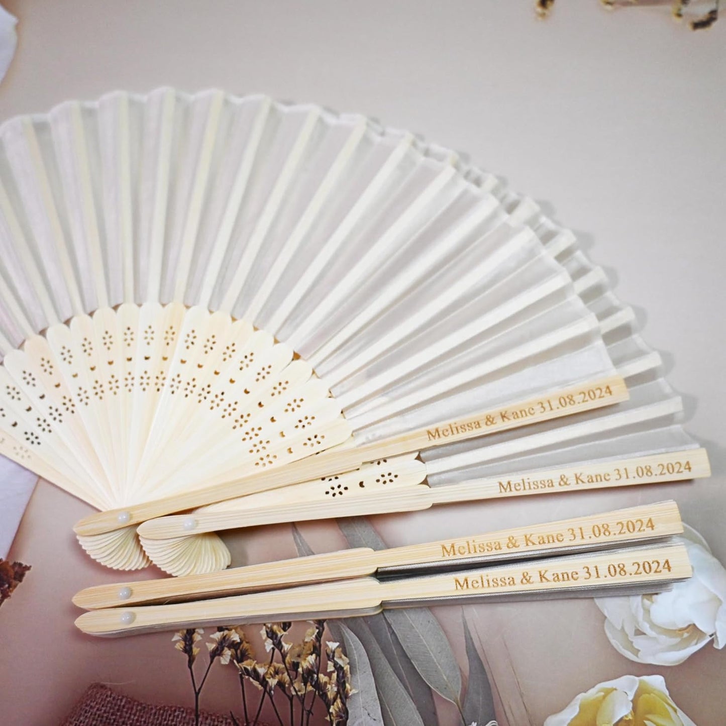 100 Set Personalized Cream Wedding Fans for Guests Bulk, Custom Engraved Summer Wedding Fans, Silk Hand Fans Handheld Folded Fan Baby Shower Favors for Bridal Bridesmaid Gift Church Dancing Party