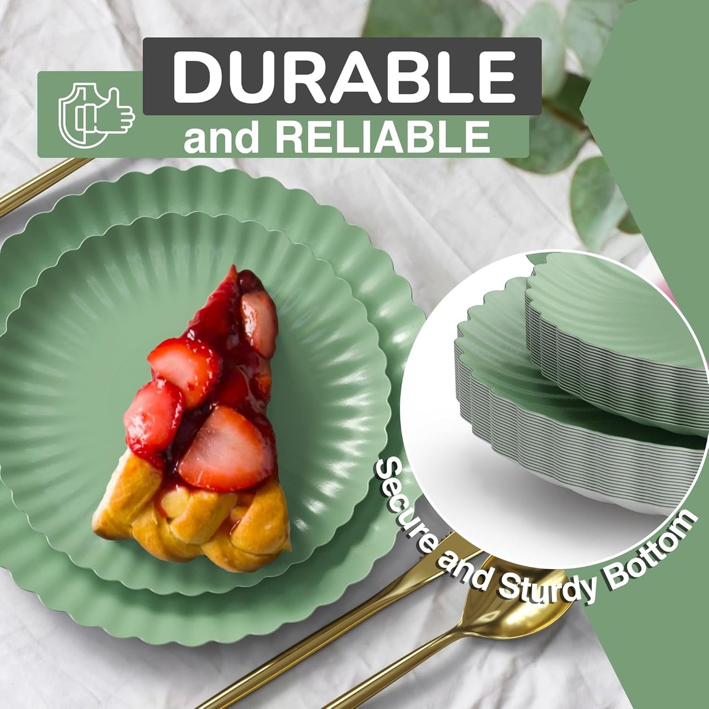 Trendables Scalloped Paper Plates 8.5 Inch & 10.5 Inch 40 Pcs Dinner Plate Set Fancy Disposable Plates for Party for 20 Guests 20 X 8 & 20 X 10 Large & Small Paper Plate Set for Parties Matcha