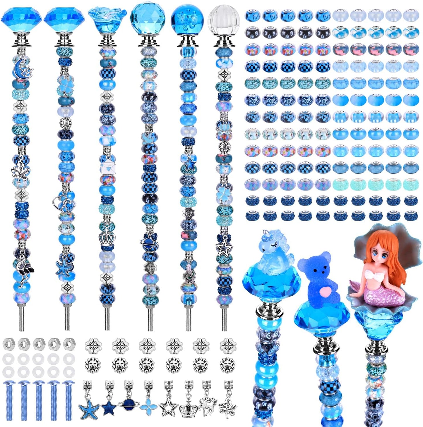 158 Pcs DIY Fairy Wand Garden Stakes Kit,Multiple Color Scheme European Beads Crystal Diamond Tops and 12 or 10 Inch Threaded Rods,Stainless Steel Stakes with Diamond Toppe(Aqua)