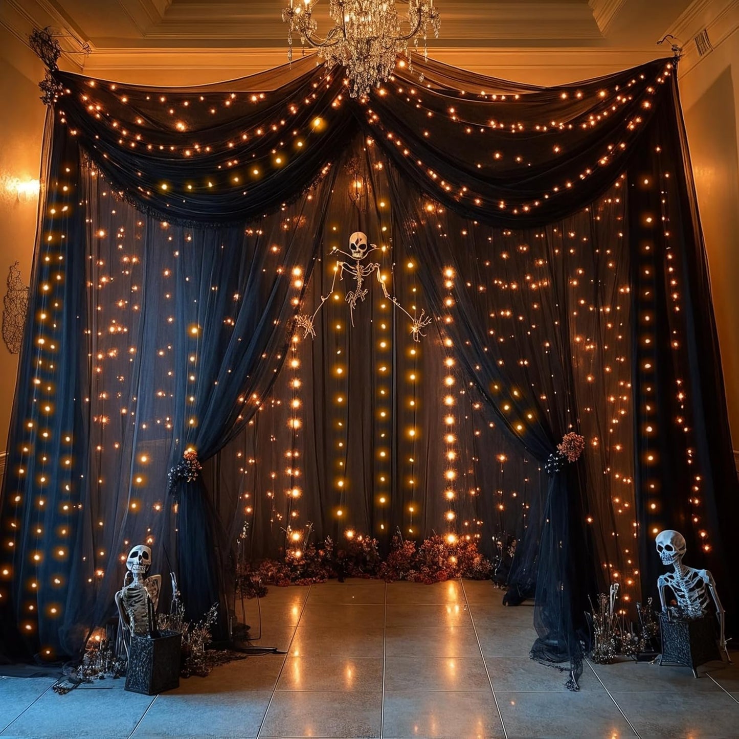 30×10ft Black Tulle Backdrop Curtain with Lights String for Parties, Sheer Curtain Backdrop Drapes for Wedding Party Photography Background